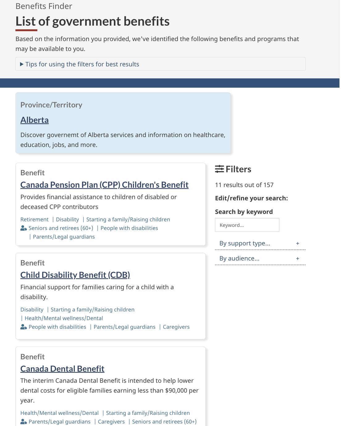 Canada Benefits Finder results showing 11 results, led by the CPP Children's Benefit, Child Disability Benefit and Canada Dental Benefit.
