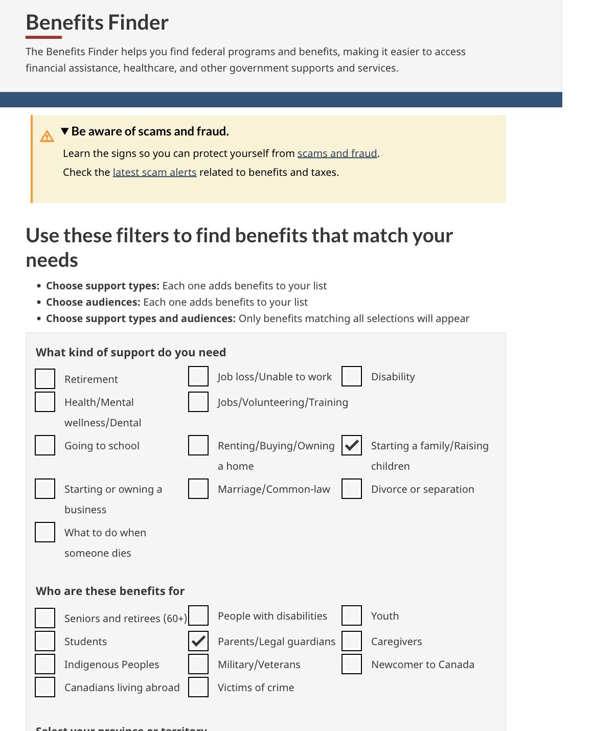 Canada Benefits Finder showing Starting a family or Raising children and Parents or Legal guardians selected.