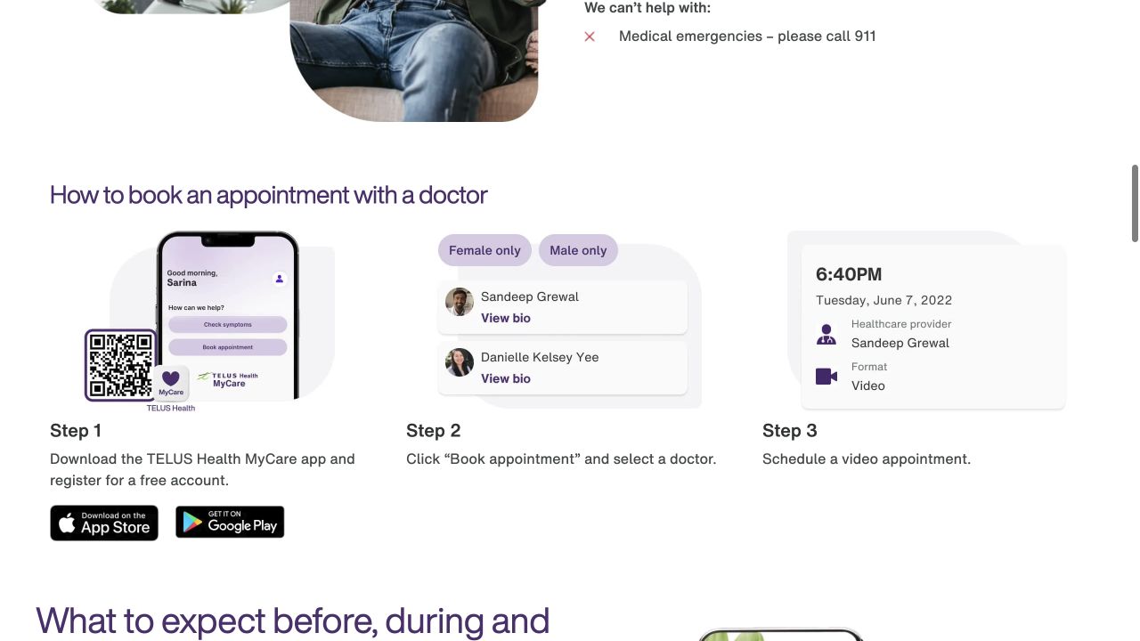 TELUS Health MyCare page showing three booking steps: download and register, select a doctor, and schedule a video appointment.