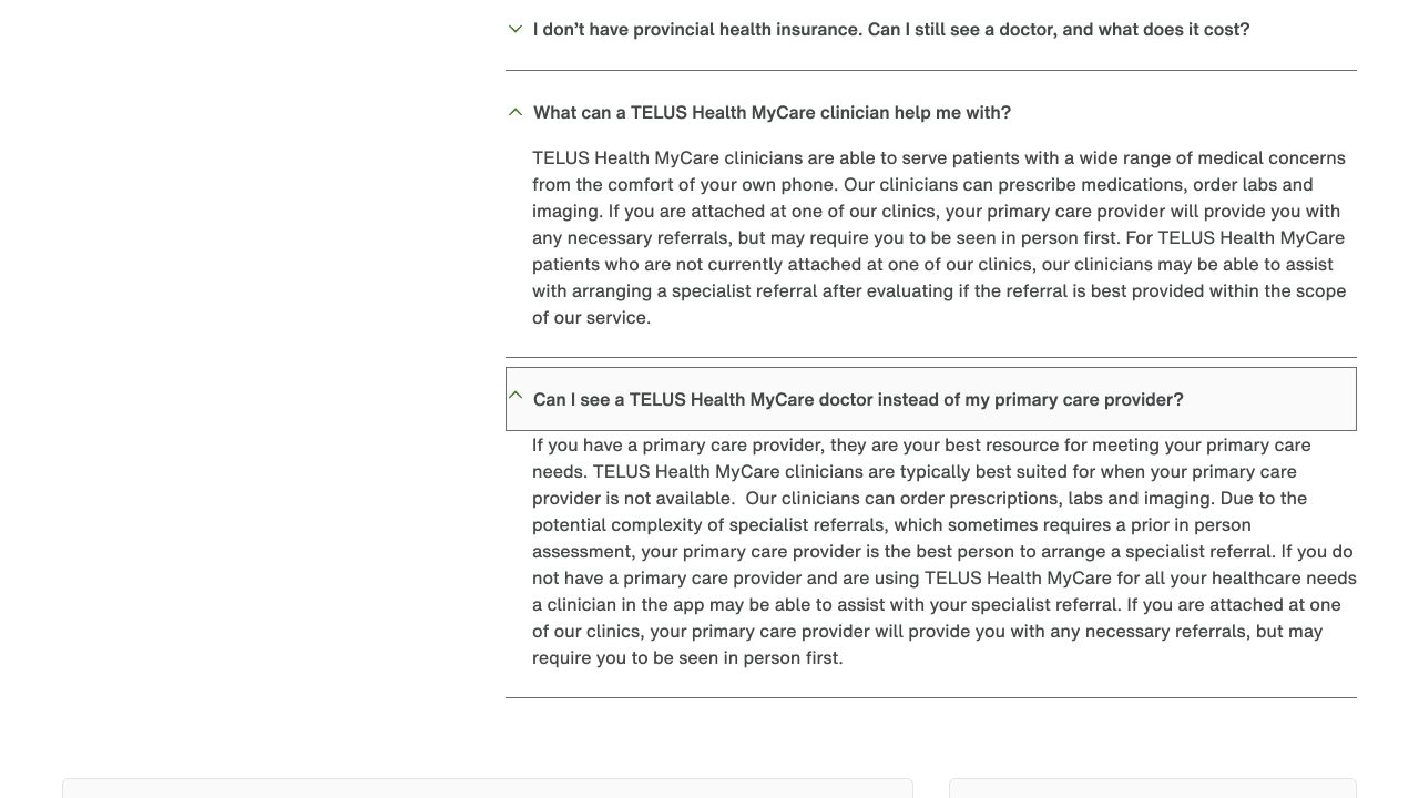 Expanded TELUS Health MyCare FAQ explaining that specialist referrals may require an in-person assessment or the patient's primary-care provider.