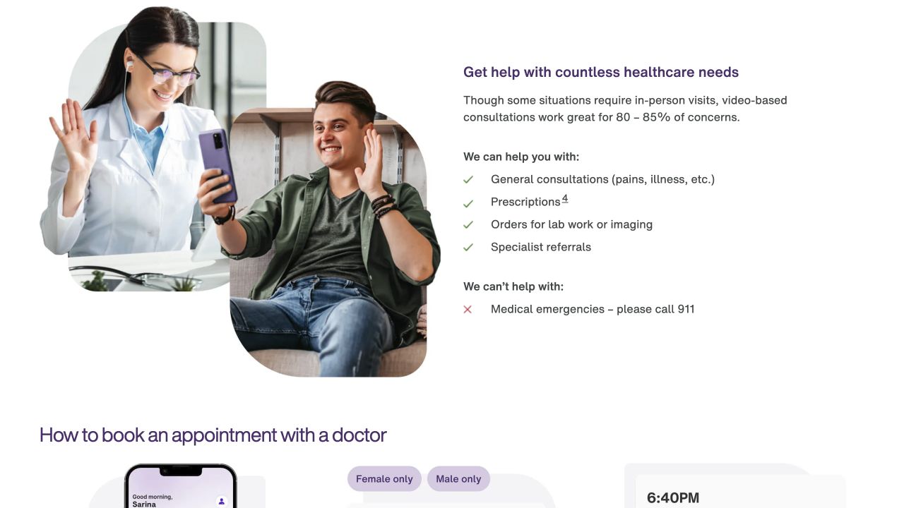 TELUS Health MyCare page listing general consultations, prescriptions, lab or imaging orders and specialist referrals under services it can help with, and medical emergencies under services it cannot help with.