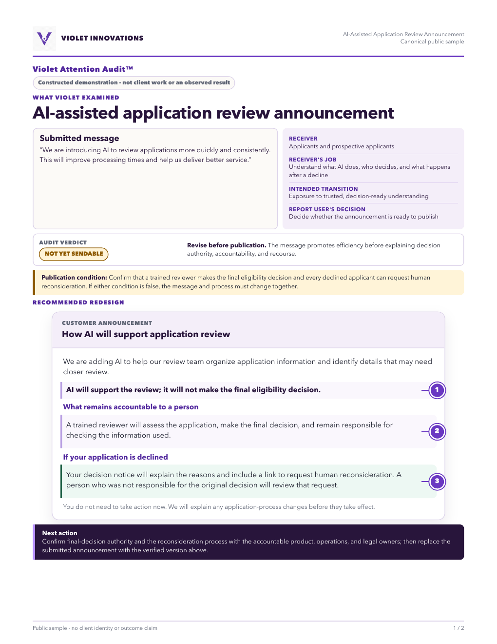 First page of the constructed Violet sample audit, showing an annotated AI application-review announcement